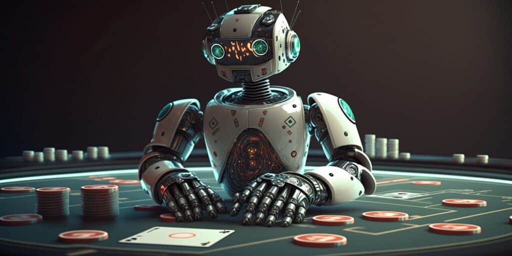 A humanoid robot with expressive eyes sits at a poker table surrounded by chips and cards, exuding a futuristic gaming vibe
