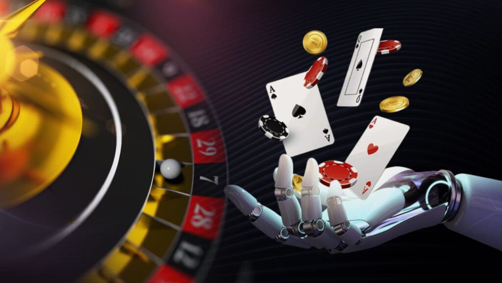 A robotic hand holds playing cards and poker chips, with a roulette wheel in the background, symbolizing advanced gambling