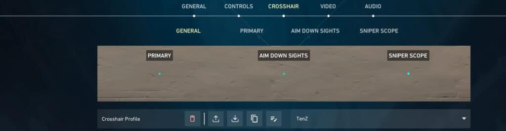 Screenshot of a crosshair of VALORANT's customization menu, displaying options for Primary, Aim Down Sights, and Sniper Scope settings