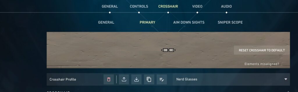 Screenshot of a VALORANT's crosshair customization menu, displaying options for profile selection, a preview crosshair, and reset feature