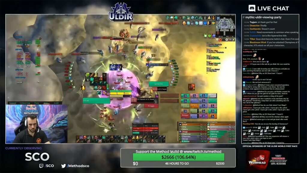 A gaming livestream depicting intense combat in a World of Warcraft game, surrounded by chat interactions and player statistics on-screen.