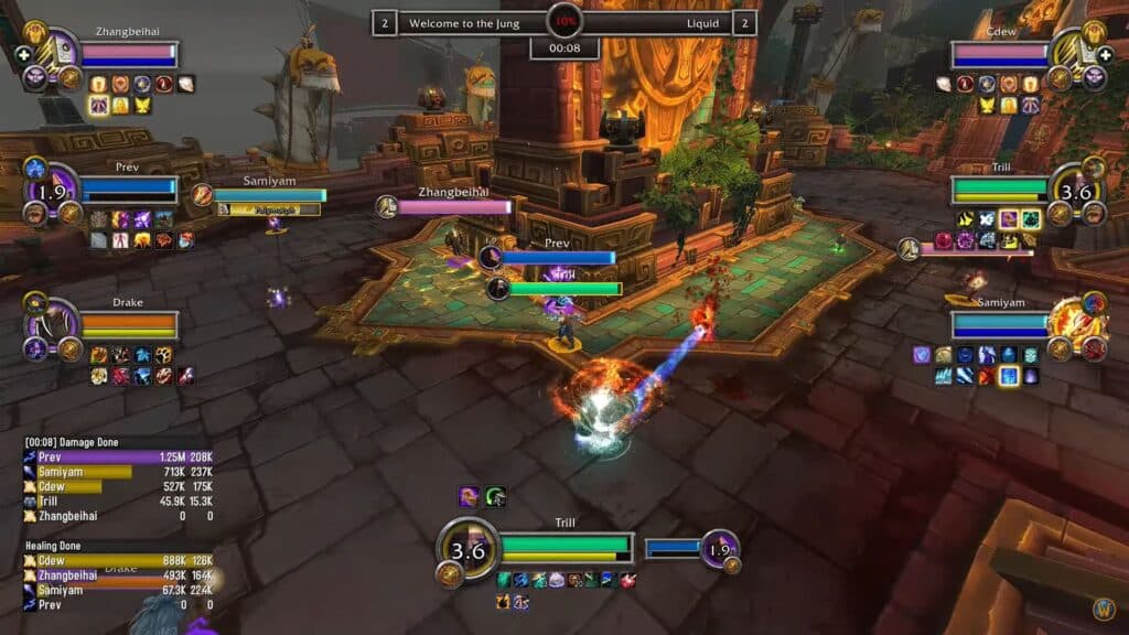A battle scene from a World of Warcraft featuring player avatars, health bars, and abilities in a vibrant jungle-themed arena.