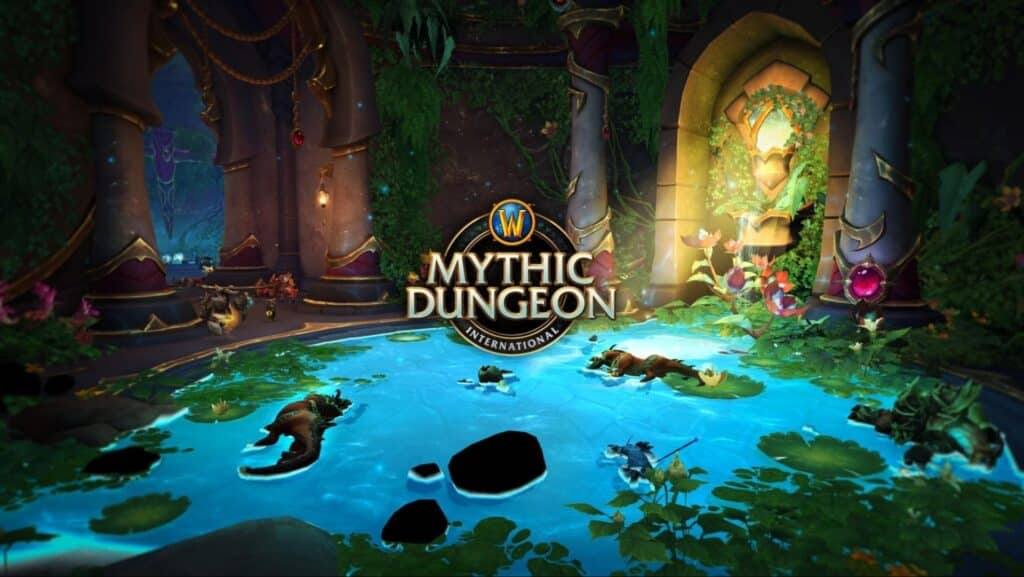 A vibrant underground scene featuring tranquil water, lush greenery, and the "Mythic Dungeon International" logo from World of Warcraft.