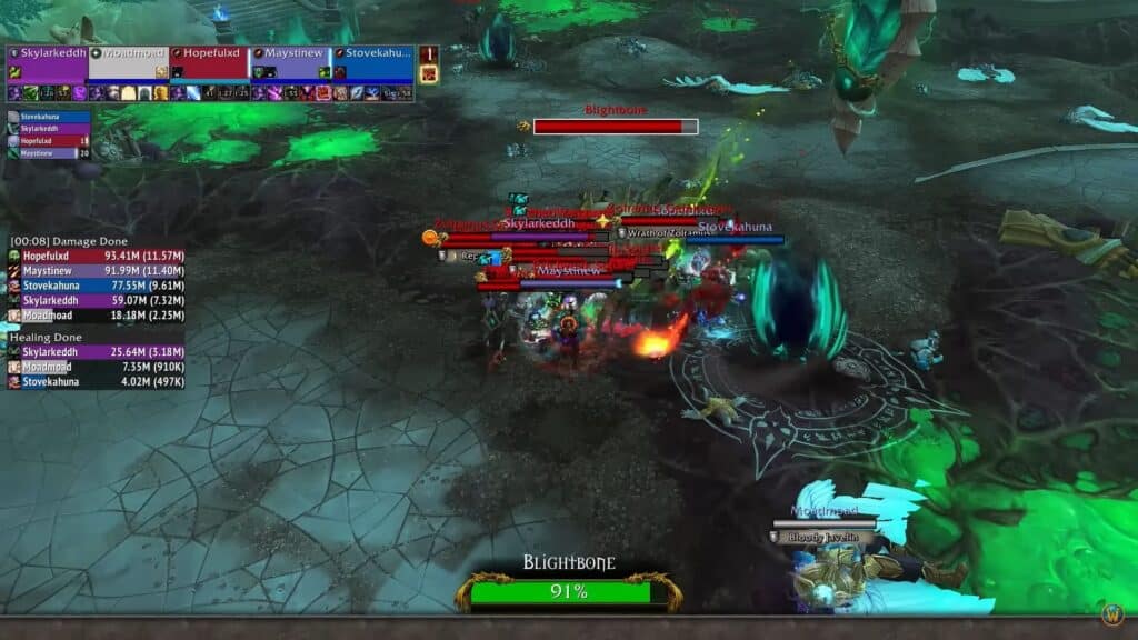 A group of players battles Blightbone in a dark, stylized environment, showcasing health bars and damage statistics above characters.