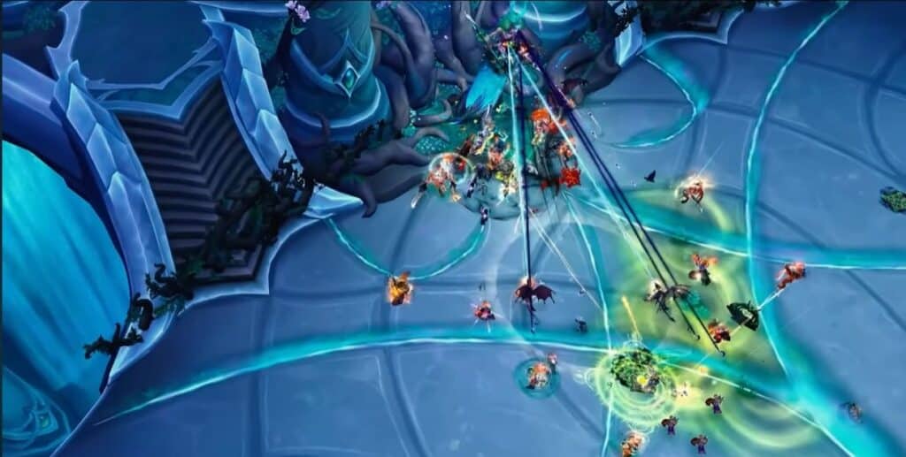 Aerial view of a World of Warcraft game battle scene with glowing energy trails and various characters engaged in combat.