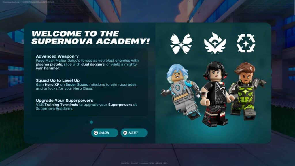 Three LEGO characters in superhero costumes stand side by side, with a digital interface highlighting game features in the background