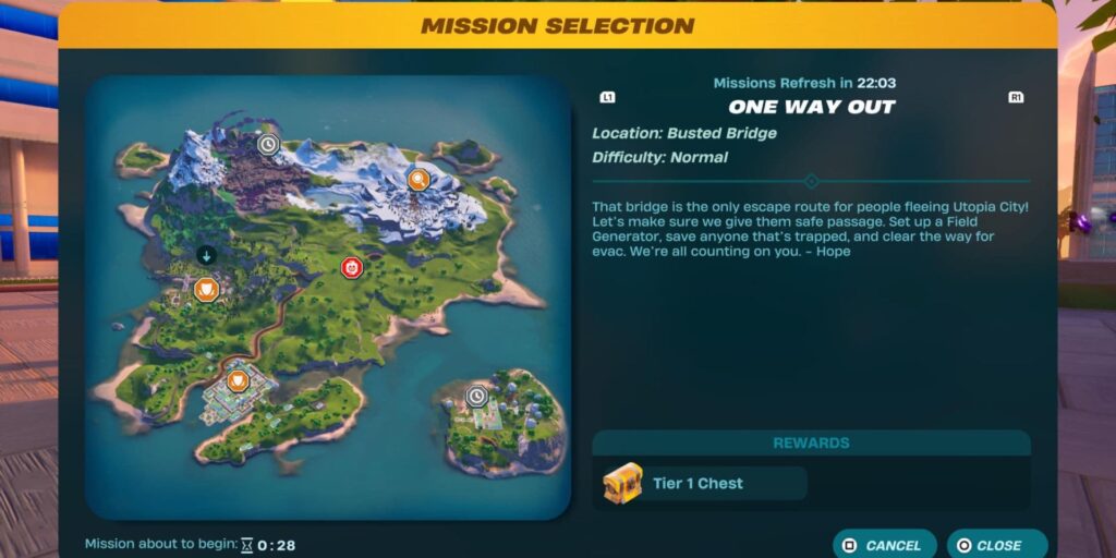 LEGO Fortnite Expeditions interface showing a mission selection screen with a colorful map. The mission is titled "One Way Out," with a focus on rescuing people