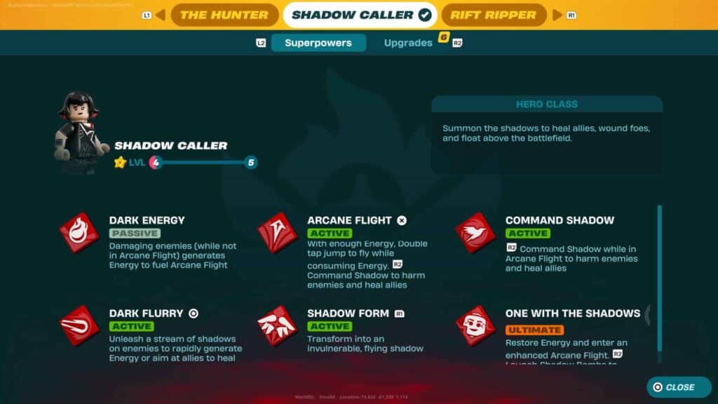 LEGO Fortnite Expeditions interface showing "Shadow Caller" character at Level 4. Features abilities like "Dark Energy" and "Arcane Flight" with icons, set against a dark background