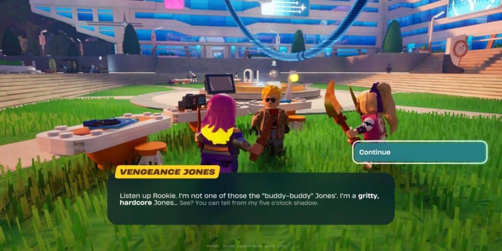 Lego-style characters converse in a grassy courtyard of a modern building. One character named "Vengeance Jones" appears on-screen with a dialogue box