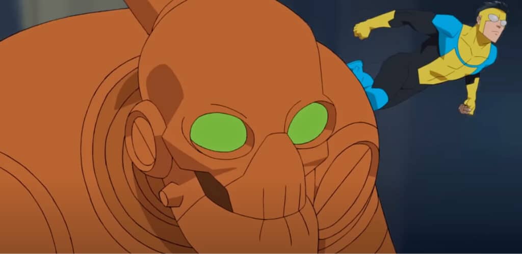 A superhero in a yellow and blue suit flies beside a giant Robot with glowing green eyes, set against a dark background