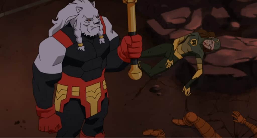 Battle Beast in armor holds a staff, standing over a fallen hero in a rocky setting