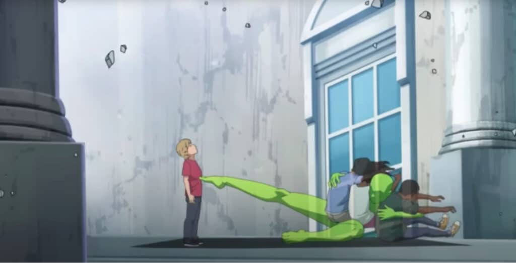 A child stands unfazed as an Green Ghost shields three frightened people at a building entrance, conveying protection amid chaos