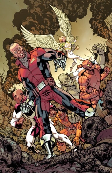 A team of diverse superheroes in colorful costumes charge forward in a smoky, chaotic battlefield. Brit stands in a center