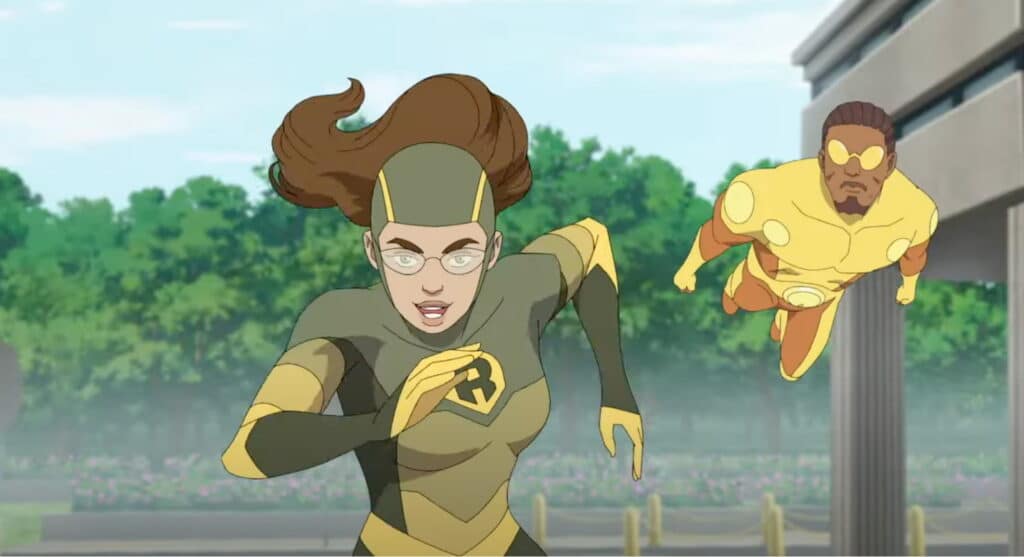 Animated scene of two superheroes outdoors. Shrinking Rae runs determinedly, while Bulletproof flies beside her