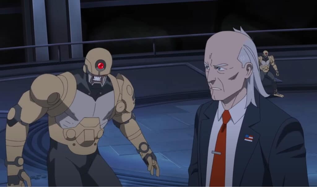 Cecil Stedman stands next to ReAnimen in a dimly lit futuristic setting