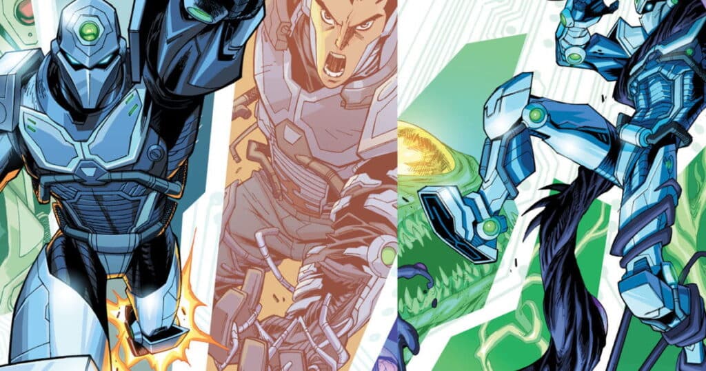 Tech Jacket heroically across panels, surrounded by digital and monster motifs, conveying intensity and excitement