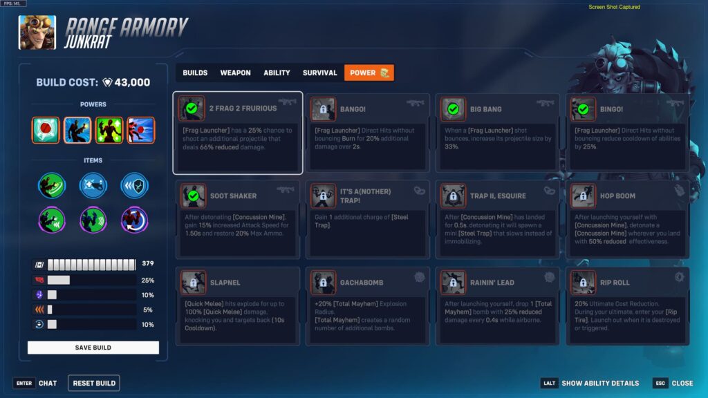 User interface for Range Armory featuring Junkrat's powers, abilities, and items, with a build cost displayed