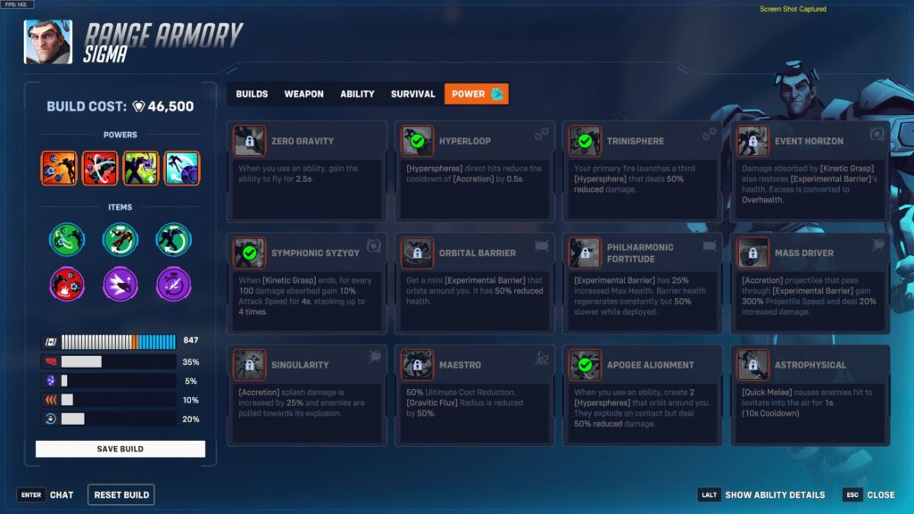 User interface for Range Armory featuring Sigma's powers, abilities, and items, with a build cost displayed