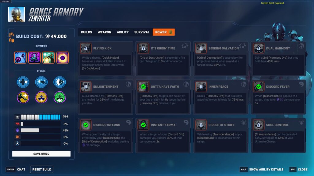 User interface for Range Armory featuring Zenyatta's powers, abilities, and items, with a build cost displayed
