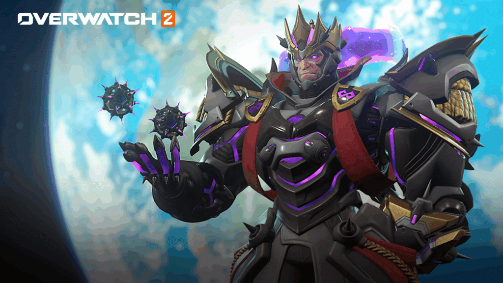 Sigma from Overwatch 2, wielding spiky energy orbs and surrounded by a cosmic backdrop