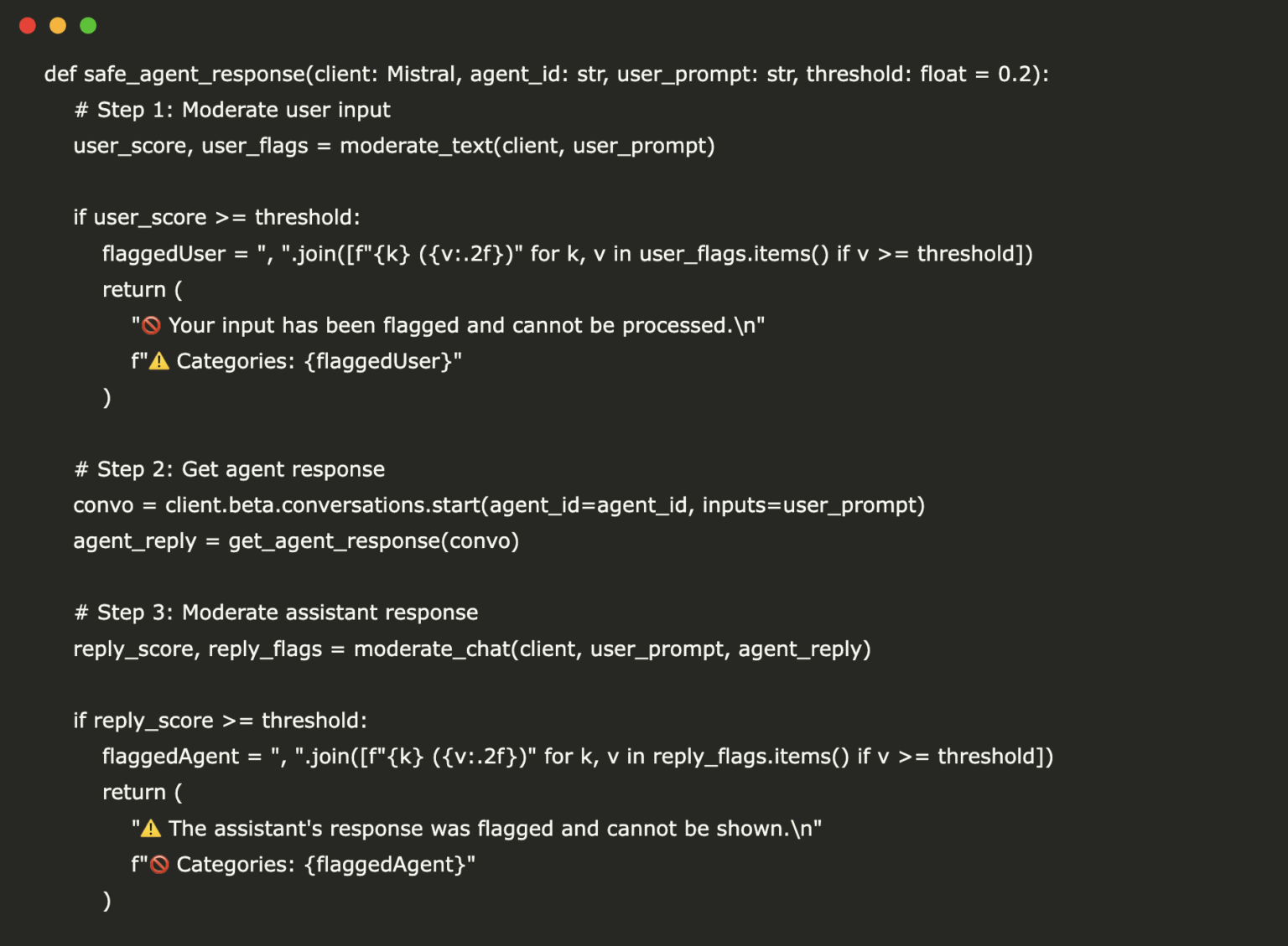 Teaching Mistral Agents to Say No: Content Moderation from Prompt to Response