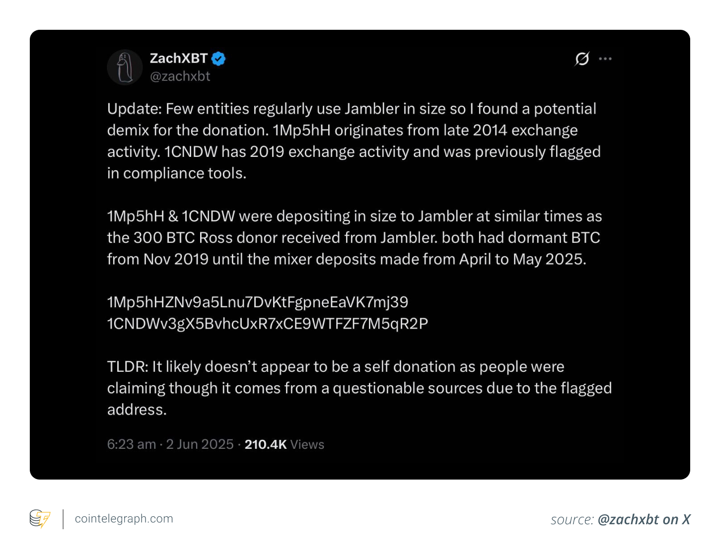 ZachXBT on Ross Ulbricht’s 300 BTC donation