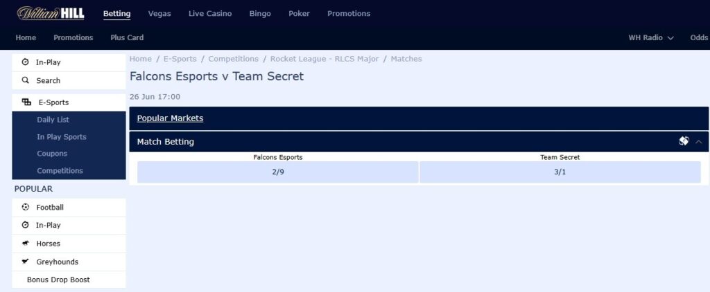 Screenshot of William Hill website showing Rocket League match odds. Falcons Esports is at 2/9, Team Secret at 3/1