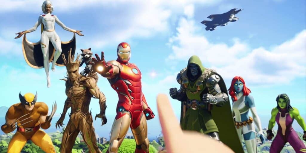 A group of Marvel characters stands confident in colorful costumes under a bright sky. A jet flies overhead, conveying a sense of adventure