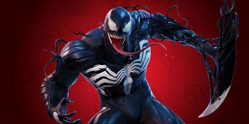 Venom stands menacingly against a red background. Thrilling and intense