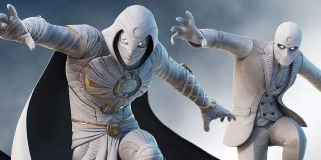 Two animated figures in white costumes; one in a suit, the other (Moon Knight) in superhero costume with a flowing cape. Both have glowing eyes, striking dynamic poses