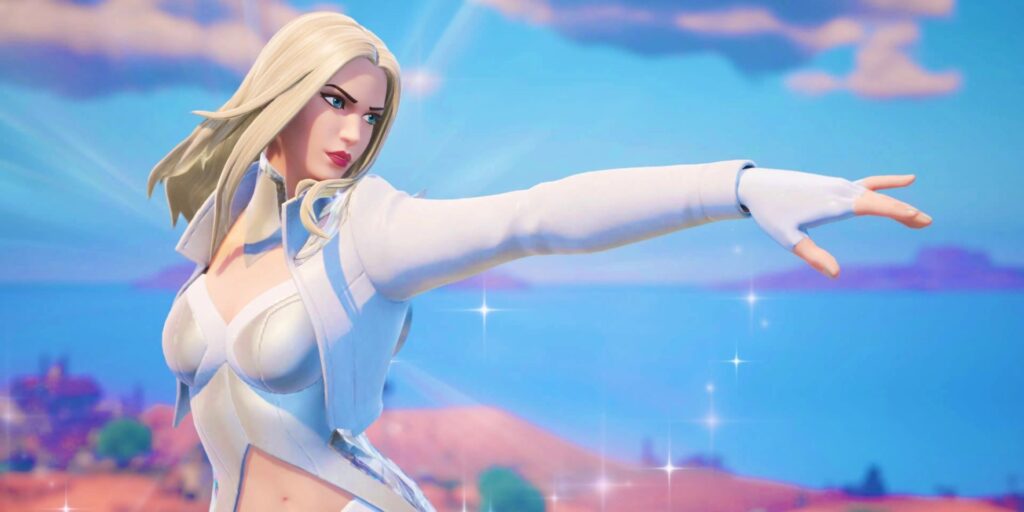 Emma Frost wears a white futuristic outfit. She extends her arm dramatically against a bright, dreamy blue sky
