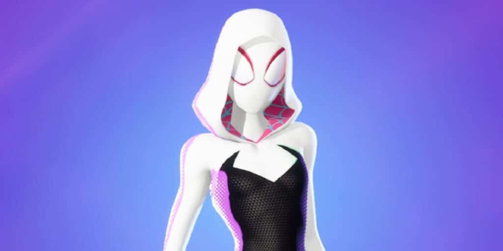 Spider-Gwen stands against a gradient purple background. The outfit is black with pink accents