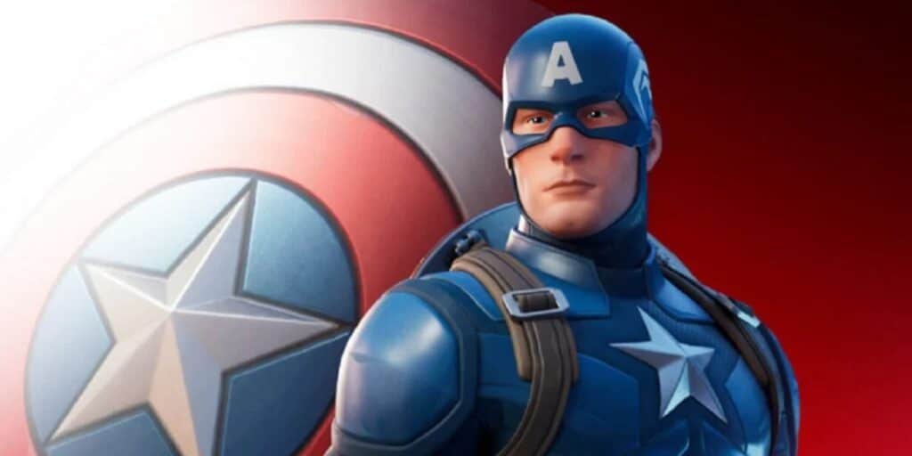 Captain America stands confidently against a red background. A shield with white and red circles is behind him