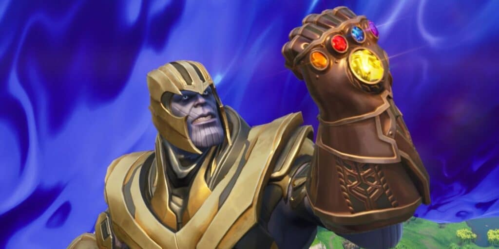 Thanos in golden armor raises a gauntlet with colorful gems, set against a swirling purple background, conveying strength and determination