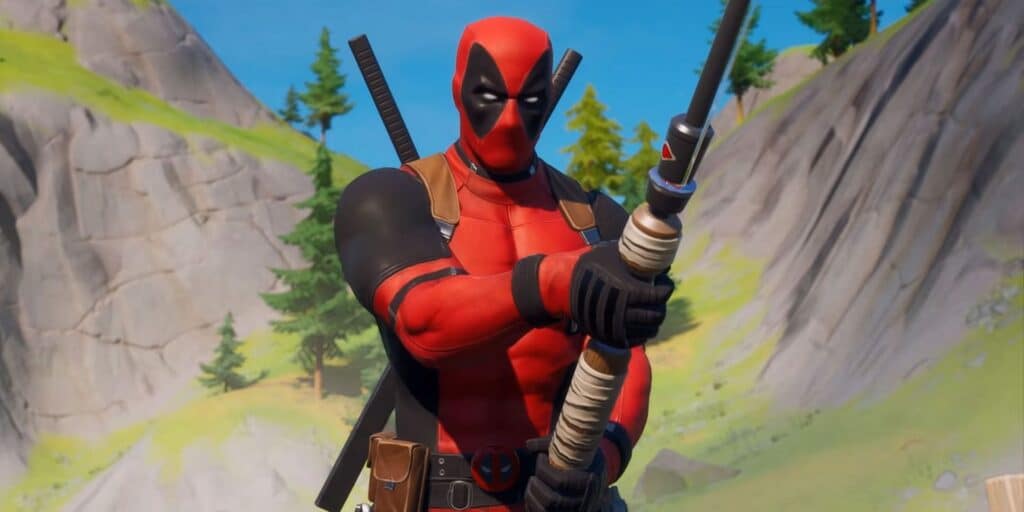 Deadpool holding a bat, stands in a lush valley with mountains and trees, exuding a playful and adventurous tone