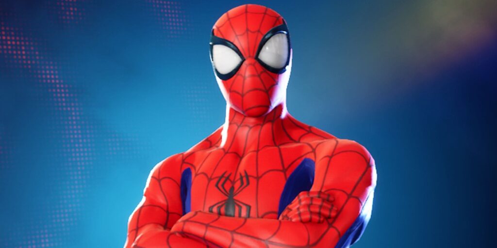 Spider-Man stands confidently with arms crossed against a vibrant blue background. The red and blue suit features black web patterns and a spider emblem