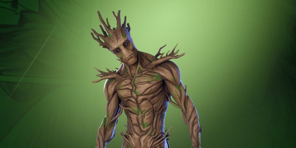 Groot stands against a green background. The figure has bark-like skin with branches for arms and head, displaying a calm expression