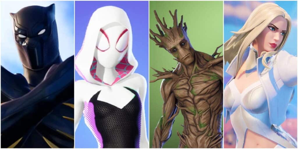 Four animated characters are aligned side by side: Black Panther, Spider-Gwen, Groot and Emma Frost