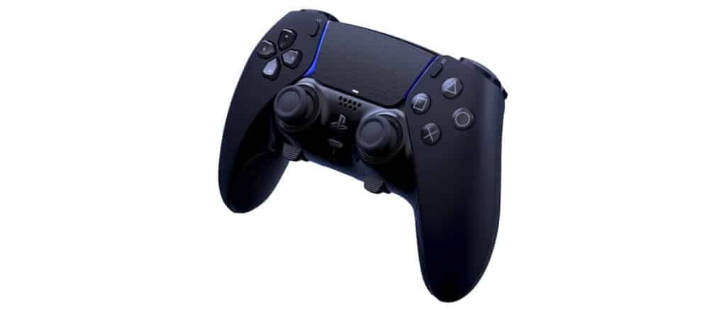 PS5 DualSense Edge controller angled to show analog sticks, buttons, and textured grips