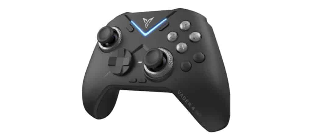 Black Vader 4 Pro controller angled to show metal thumbsticks, textured grips, and illuminated LED strip