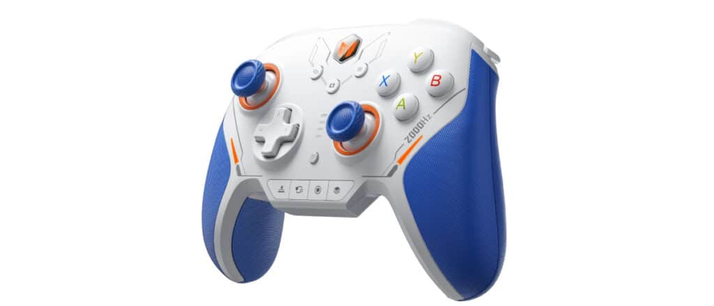 White and blue BLITZ 2 Wireless Controller with orange accents, textured grips, and labeled buttons