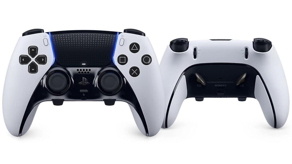 Front and back view of two PS5 DualSense Edge controllers showing button layout, triggers, and back paddles