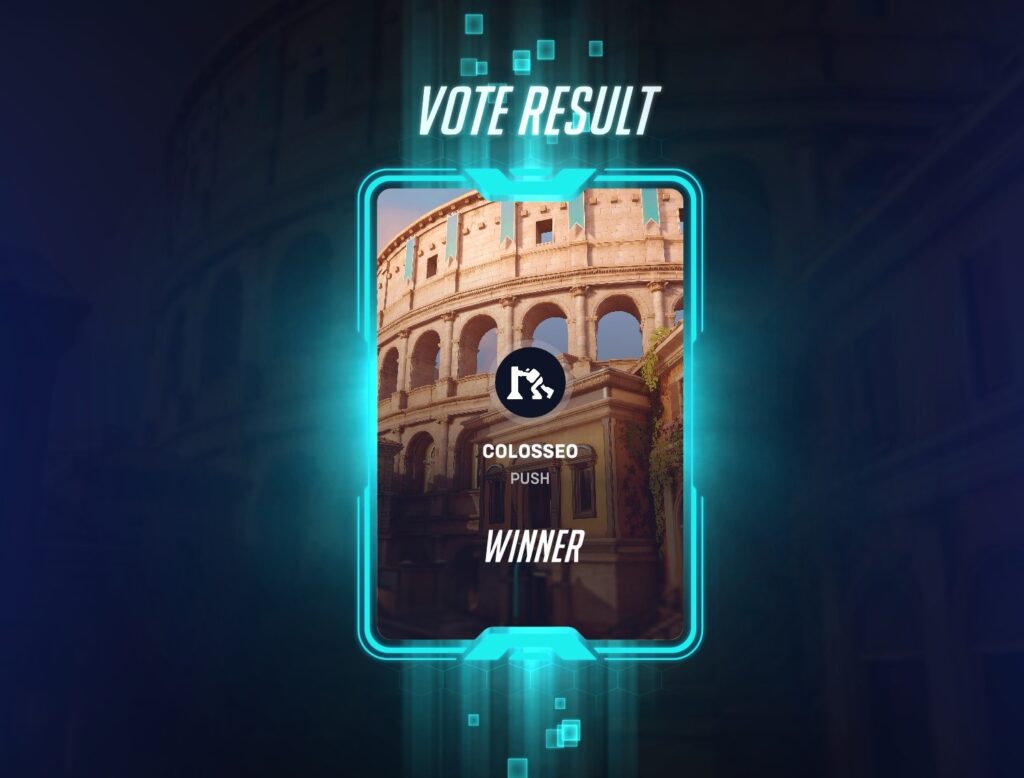 Digital image of a Colosseum-themed vote result shows 'Colosseo' as the winner. The central card glows with a neon blue border, conveying excitement