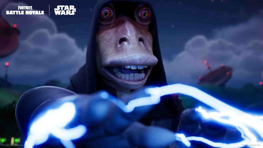 A character from Fortnite, amid a stormy sky, wields glowing blue lightning in a dramatic pose, set against a futuristic landscape.