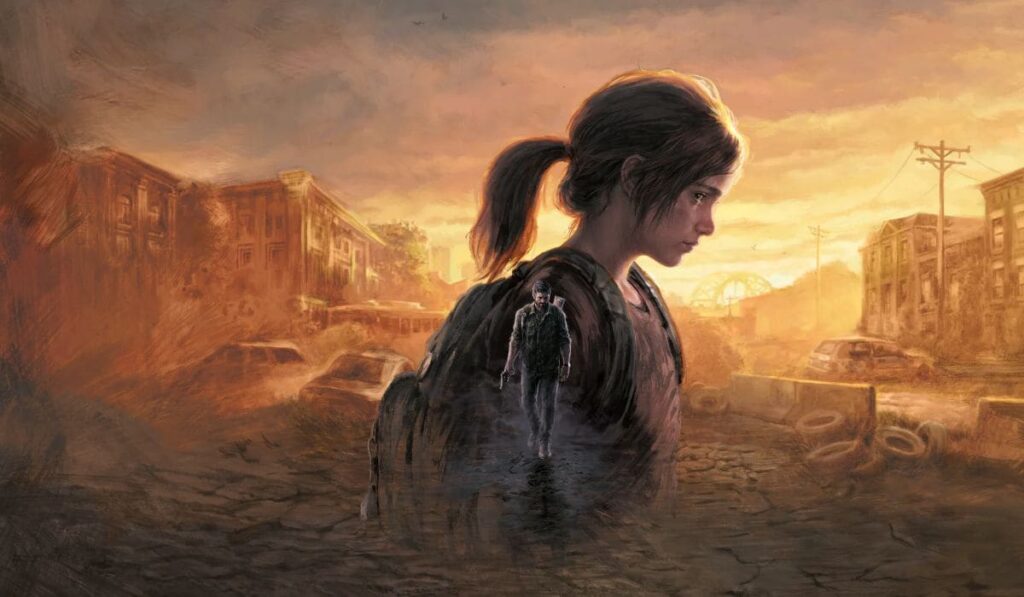 A dramatic sunset casts a warm glow over a desolate urban landscape, with a lone Ellie from The Last of Us Part 1, standing amidst abandoned cars and crumbling buildings.