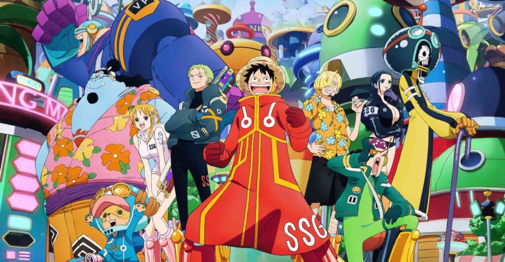 The Straw Hat crew from One Piece in futuristic outfits, standing in a colorful, high-tech cityscape.
