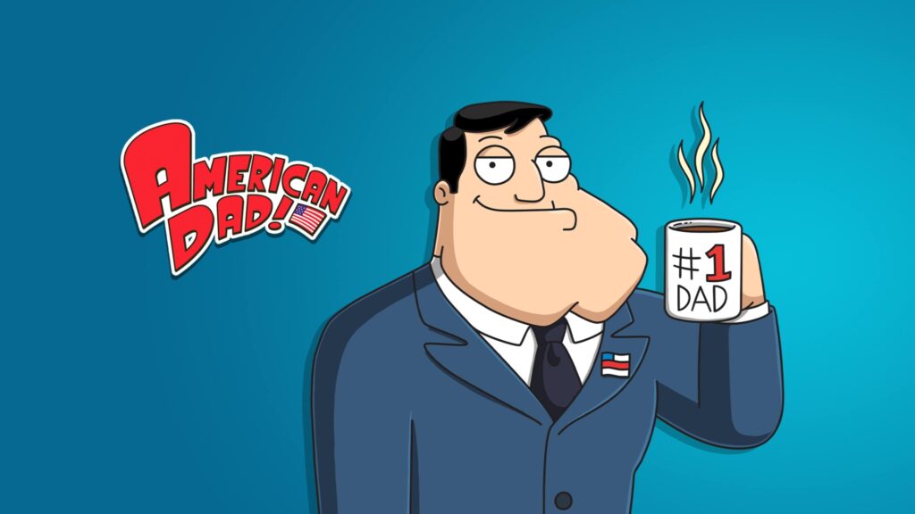 American Dad holding a steaming #1 Dad mug, smiles confidently