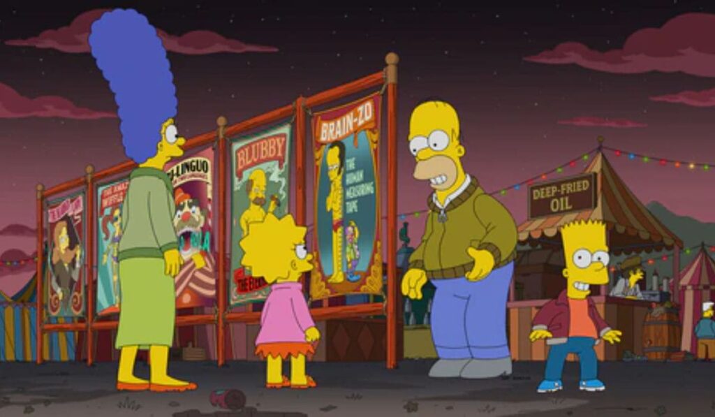 The Simpsons family stands at a carnival, looking at colorful sideshow posters, with Homer, Marge, Lisa, and Bart in the foreground and a "Deep-Fried Oil" stand in the background.