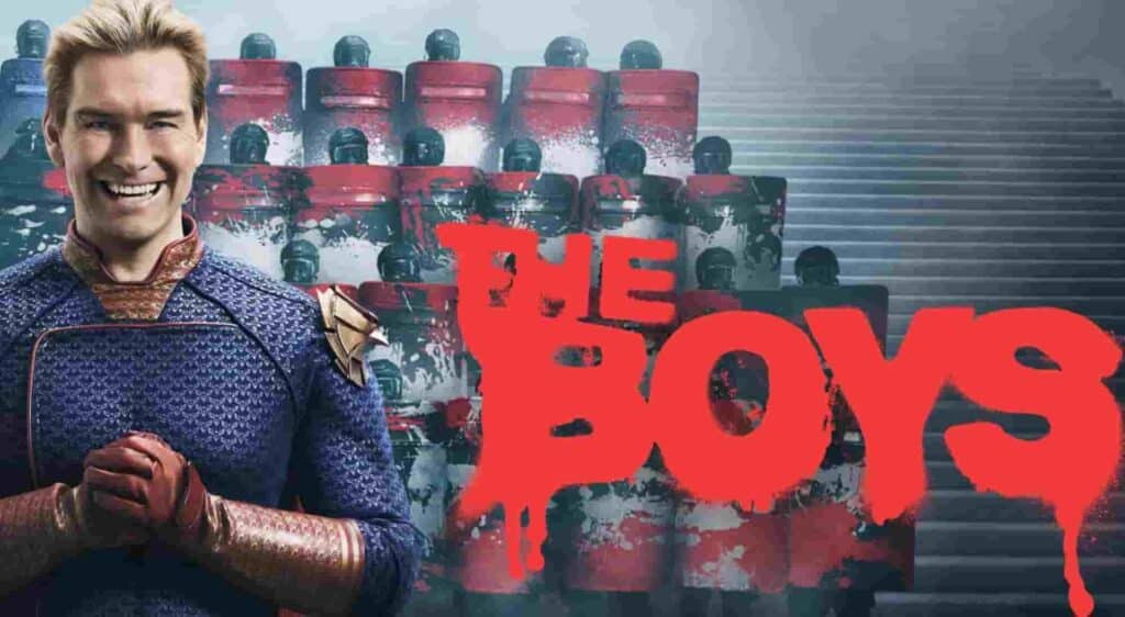 A smiling Homelander from The Boys stands confidently in front of a group of riot police with red, white, and blue shields, as the show's bold red logo splashes across the image.