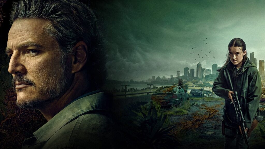 Joel from The Last of Us is on the left. Ellie holding a rifle stands on a road to the right, with a dystopian city in the background. The mood is tense and somber.